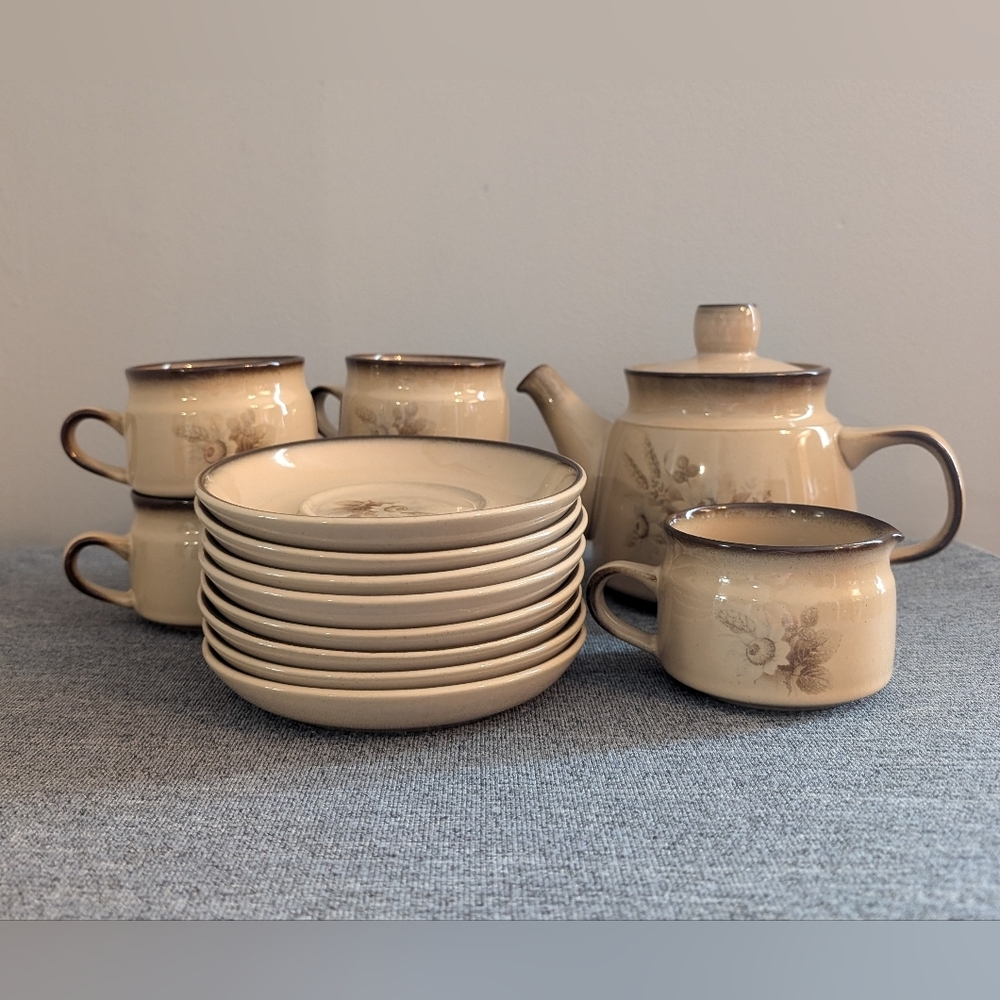 Vintage Denby "Memories" Stoneware Set with Teapot, 4 Cups, 8 Plates, 1 Creamer